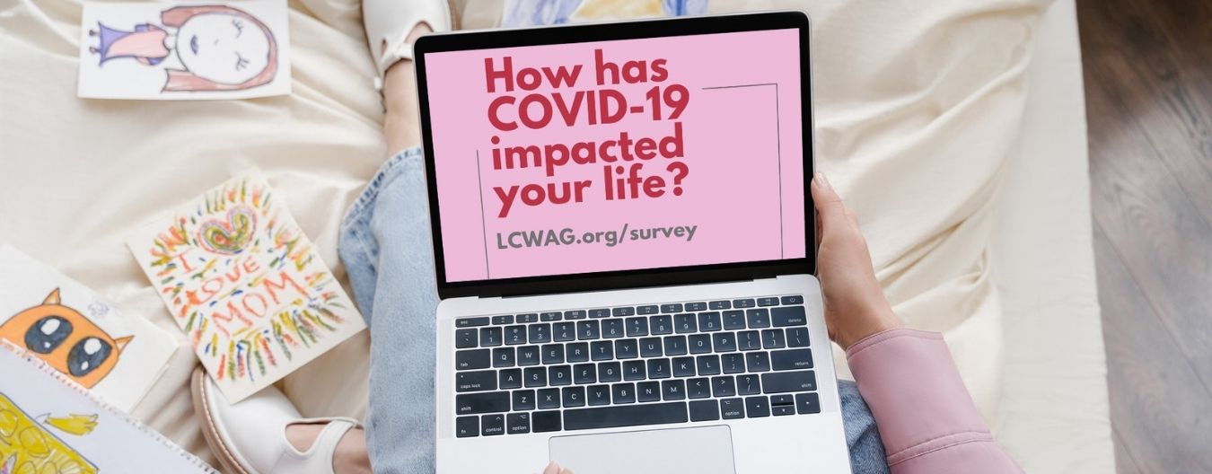 Person holding a laptop displaying a COVID-19 impact survey, surrounded by children’s drawings, with the Loudoun Coalition Women and Girls logo.