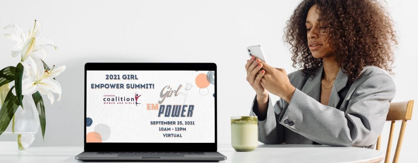 18 – LCWAG Into the Future_ Second Annual Girl emPower Summit A woman with a laptop announcing the Girl emPower event on September 25, 2021